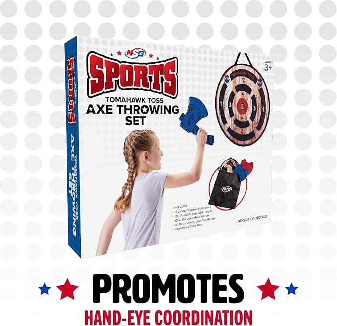 NSG Tomahawk Toss - Foam Axe Throwing Game for Kids - Two Lightweight Axes with Large Easy Stick Target, Wood/Black/red/Blue (JS7000)-StrideForce Fitness