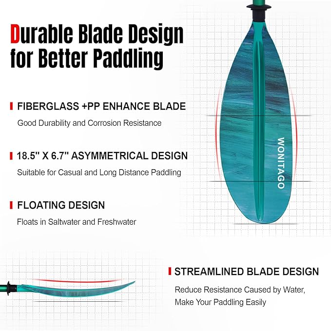 Kayak Paddle with Aluminum Shaft and Reinforced PP Blade, Floating Kayak Oar for Kayaking Canoeing and Boating, 220 cm/86 inches - 230 cm/90 inches-StrideForce Fitness