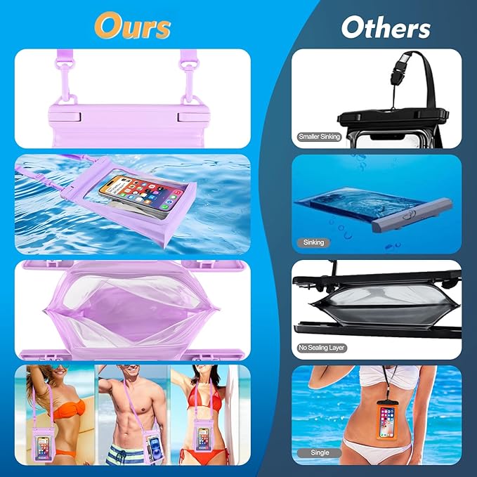 Large Floating Waterproof Phone Pouch, Cell Phone Dry Bag for iPhone 16 15 14 13 Pro Max Galaxy Google All Phones, IPX8 Waterproof Bag for Beach Vacation Purple-StrideForce Fitness