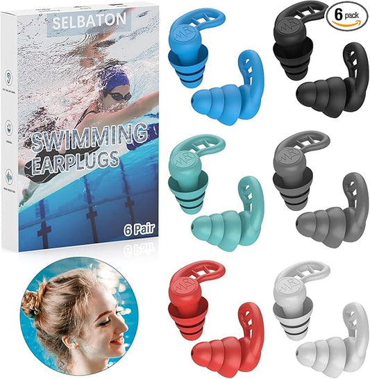 Swimming Ear Plugs for Adults, 6 Pairs Reusable Silicone Waterproof Colorful Swim Earplugs for Swimming Showering Snorkeling Surfing and Water Sports, Water Ear Plugs for Men and Women-StrideForce Fitness