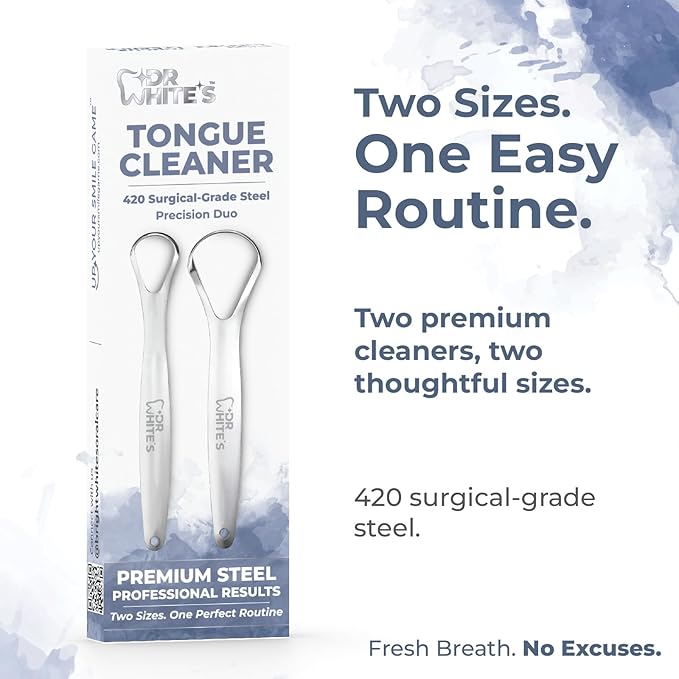 Dr. White’s Precision Tongue Care™ Collection – Precision Duo Tongue Cleaner, Premium 420 Surgical-Grade Stainless Steel Tool for Advanced Oral Care