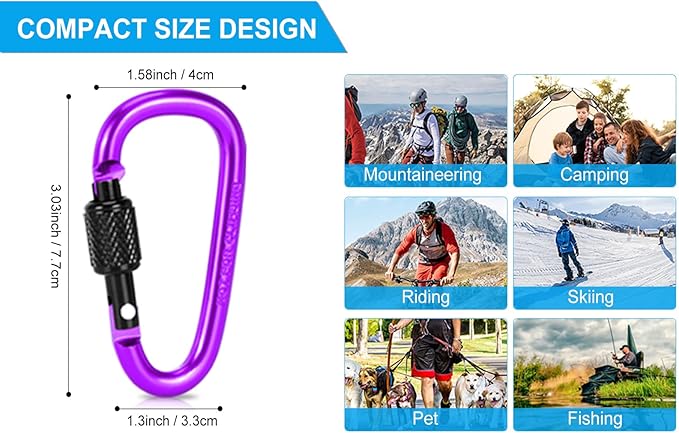 10 Pack Aluminum D Ring Key Rings Hiking Clips Locking Carabiner for Hiking Camping Fishing and Outdoor Use，Clips with Screw Gate Multicolored-StrideForce Fitness