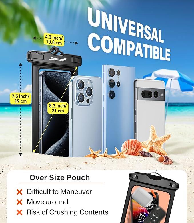 Hiearcool Waterproof Phone Pouch, Universal Case Compatible for iPhone 17 16 15 14 13 Pro Max Plus Up to 8.3", IPX8 Beach Travel Essentials-Black-2 Pack-StrideForce Fitness