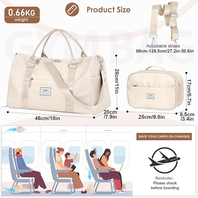 FIORETTO Womens Gym Tote Duffle Bag with Toiletry Bag, Sports Duffel Overnight Hospital Workout Carry on Bag for Girls with Wet Pocket & Shoe Compartment, Ideal for Travel, Swimming, Dance Beige-StrideForce Fitness