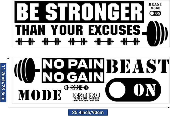 Zonon 3 Pieces Gym Wall Decal, Be Stronger Than Your Excuses, No Pain No Gain Beast Mode Inspirational Quotes Vinyl Wall Art Fitness Exercise Wall Sticker for Gym Office Home Decor-StrideForce Fitness