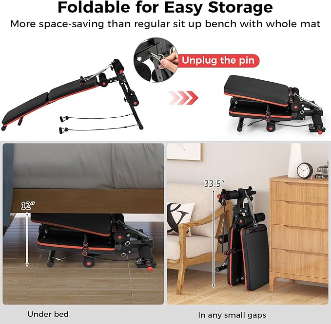 GYMAX Sit Up Bench, 330lbs Folding Decline Workout Bench with Spring Handle, Elastic Ropes & 4 Level Adjustable Height, Incline Weight Bench for Situp, Ab Crunch, Strength Training Exercise for Home Gym-StrideForce Fitness