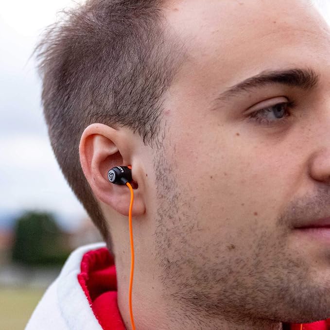 LUDOS Clamor Wired Earbuds in-Ear Headphones, 5 Years Warranty, Earphones with Microphone, Noise Isolating Ear Buds, Memory Foam for iPhone, Samsung, School Students, Kids, Women, Small Ears - Orange-StrideForce Fitness