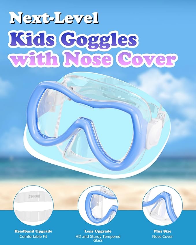 Aegend Kids Swim Mask Goggles, Tempered Glass 180° HD Wide View with Nose Cover-StrideForce Fitness