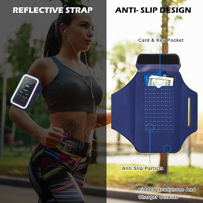 GUZACK Running Armband, Running Phone Holder with Key Pockets & Card Slot for iPhone 15 14 13 12 11 Pro Max Plus, Galaxy S24 S23/S22/S21 Fit Up to 6.9 Inches, Navy Blue Green Zipper-StrideForce Fitness