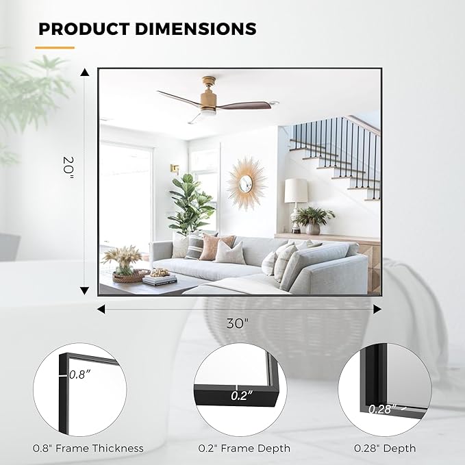 20x30 Inch Black Bathroom Mirror for Wall, Aluminum Frame Rectangle Rectangular Vanity Mirror, Modern Large for Bedroom, Living Room, Horizontal or Vertical-StrideForce Fitness