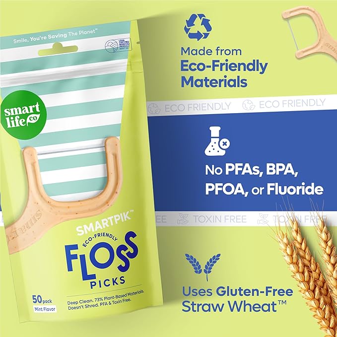 SmartLifeco Eco-Friendly Dental Floss Picks (400ct) - Flossers Made with Straw Wheat Blend, Superior Anti-Shred Thread for Tight Gaps, Tooth Pick Stick for Adults, Soft on Gum & Teeth, Vegan, Mint