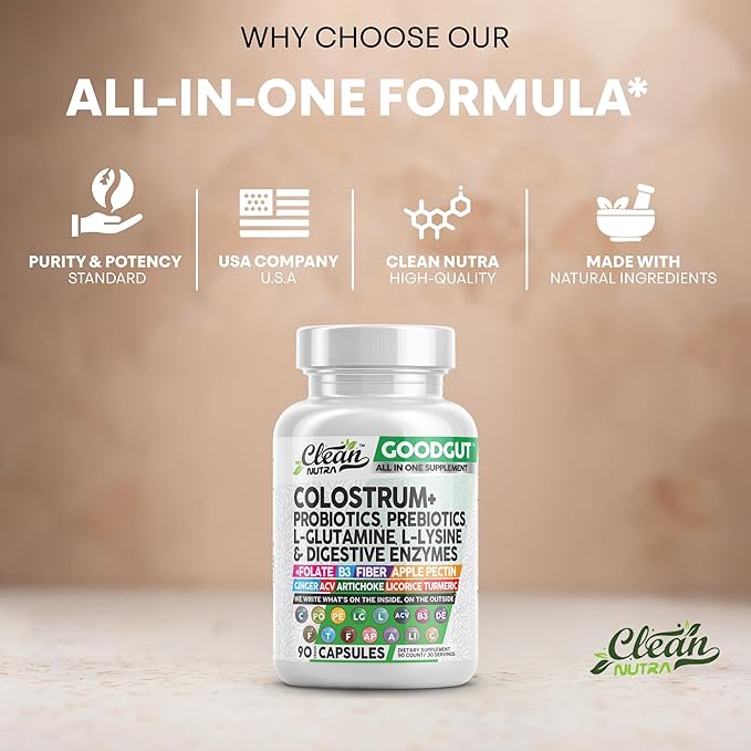 Clean Nutraceuticals Colostrum Supplement Capsules Probiotics Pills Prebiotics, L-Glutamine, Digestive Enzymes, Folate, Fiber, ACV, Turmeric, Apple Pectin and Turmeric Good Gut-StrideForce Fitness