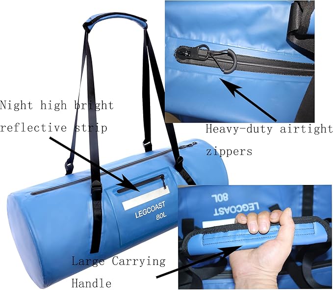 Waterproof Duffel Bag， IPX8 Waterproof Performance Dry Bag， Airtight Zipper Closure， Waterproof bag with diving function，80L large capacity, Large-StrideForce Fitness