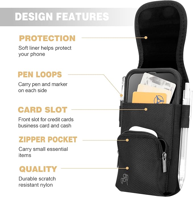 Perilogics Phone Holster with Magnetic Cover, Belt Clip Pouch Fits iPhone 17 Pro Max, 16 Pro Max, 16 Plus and Other Pro Max/Plus Models with Case Installed, with Zipper Storage & Card Pocket-StrideForce Fitness