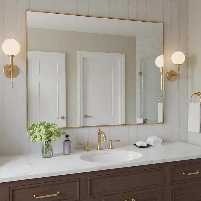 30x40 Inch Brass Bathroom Mirror for Wall, Aluminum Frame Rectangle Rectangular Vanity Mirror, Modern Large for Bedroom, Living Room, Horizontal or Vertical-StrideForce Fitness