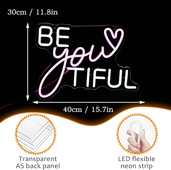 Be Your Tiful Neon Sign Dimmable Letter Neon Signs White Pink Wall Decorative Lights Powered USB with Switch for Bedroom Kid Room Shop Apartment Birthday Party Wedding （15.7’’X11.8’’）-StrideForce Fitness