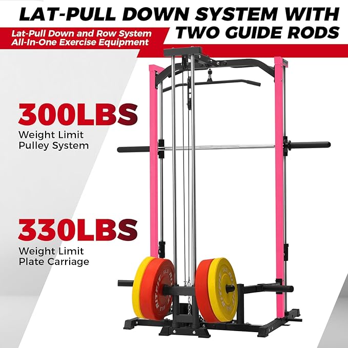 RitFit Smith Machine Power Rack with LAT-Pull Down System, Landmine, Barbell Bar, Plate Storage Pegs and More Training Attachment-StrideForce Fitness