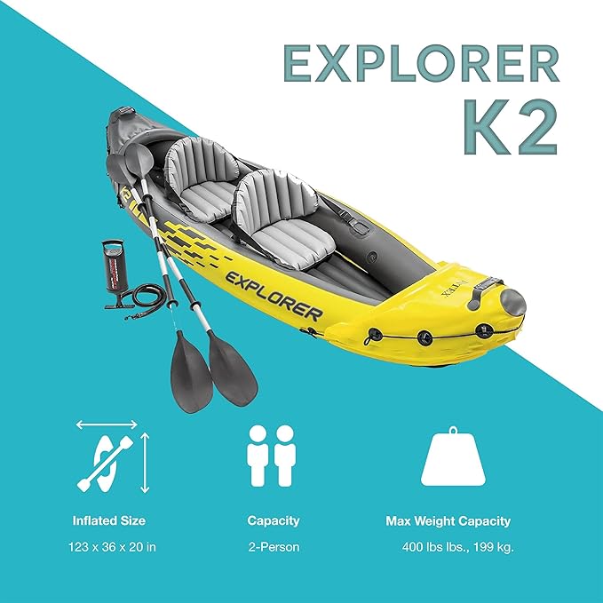 Intex 68307EP Explorer K2 Inflatable Kayak Set: Includes Deluxe 86in Aluminum Oars and High-Output Pump – SuperStrong PVC – Adjustable Seats with Backrest – 2-Person – 400lb Weight Capacity-StrideForce Fitness