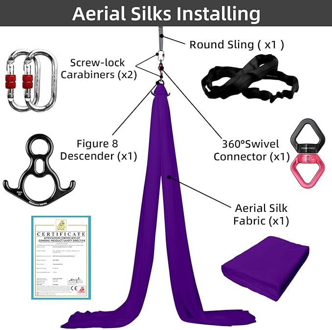 PRIOR FITNESS Aerial Silks Kit Colorful 9/15/20 Yards 40D Nylon Fabric Hammock Set With Hardware & Guide for All Levels Of Aerial Yoga Practice and Acrobatic Flying For Adults Aerial silk-StrideForce Fitness