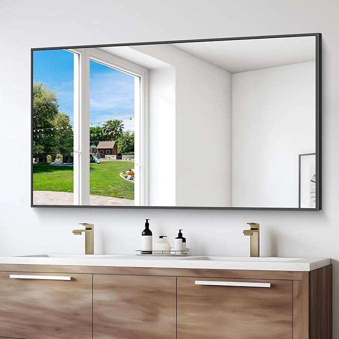 Black Bathroom Mirror for Wall, 55x36 Inch Rectangle Mirrors with Metal Frame, Modern Vanity Wall Mirror Decor for Entryway Hangs, Bathroom Living Room Horizontal or Vertical-StrideForce Fitness