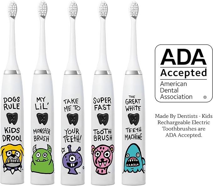 Made by Dentists Kids Electric Toothbrush - Rechargeable Vibrating Toothbrush with Timer Includes 6 Replacement Heads, Gently Cleans Teeth, Girls & Boys, Kids & Toddlers Age 2+ (Bulldog)