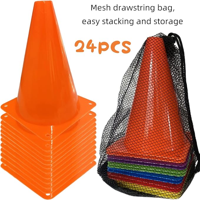 24 Pcs 7 Inch Plastic Traffic Cones, Basketball Football Drills, Skating, Sport Training Agility Markers, Indoor Outdoor Games, Multicolor-StrideForce Fitness