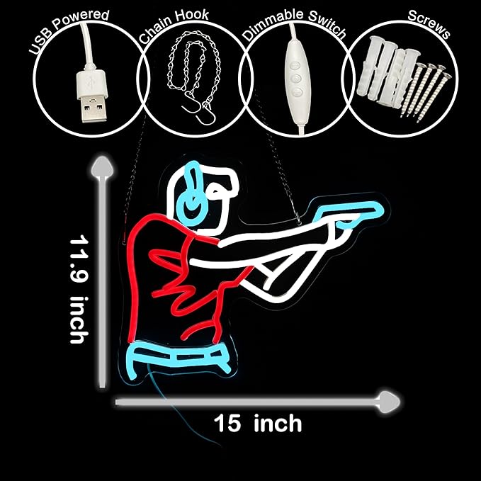 Man Shooting Neon Sign Gun Led Light Up Sign Game Player Gifts Dimmable Shooting Decor for Gun Club Decor Man Cave Game Room 15"×11.9"-StrideForce Fitness