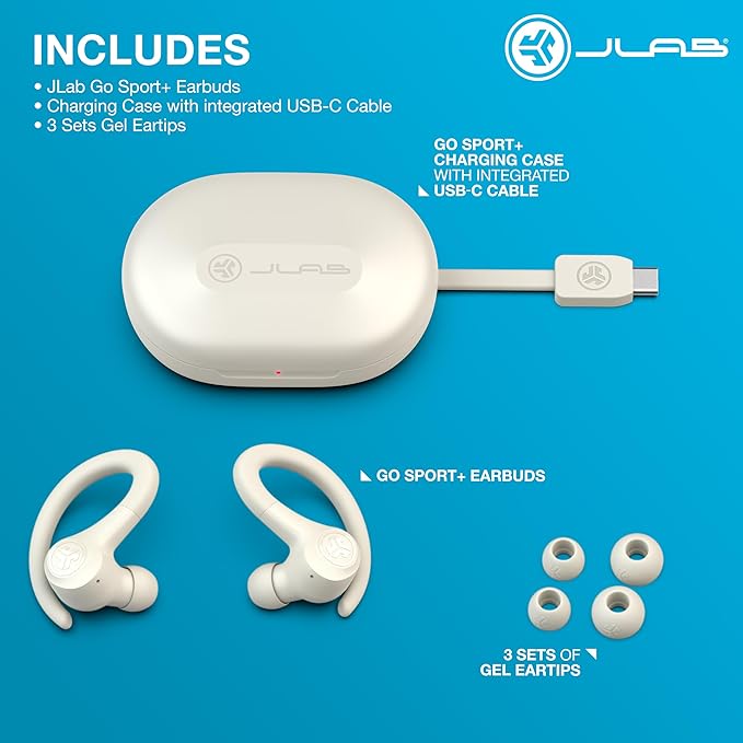 JLab Go Sport+ Wireless Workout Earbuds Featuring C3 Clear Calling, Secure Earhook Sport Design, 35+ Hour Bluetooth Playtime, and 3 EQ Sound Settings (Sand)-StrideForce Fitness