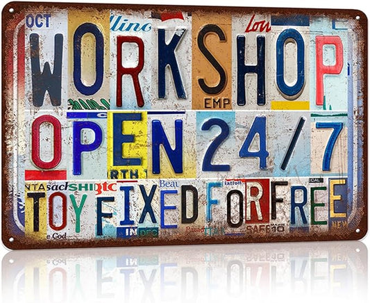 Vintage Workshop Wall Decor Metal Sign Tin Signs Poster - Workshop Open 24 7 Toy Fixed For Free-StrideForce Fitness
