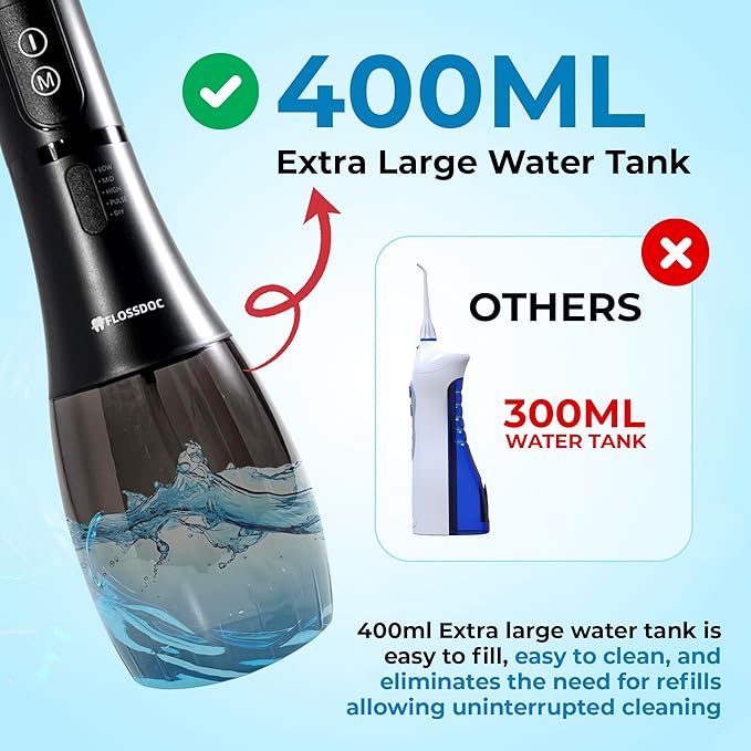 Water Flosser for Braces & Tonsil Stone Remover, 400ml Tank, IPX8 Waterproof, Dental Floss with 6 Tips Including Tongue Scraper, Cordless Water Flossers for Teeth, Bad Breath Treatment for Adults