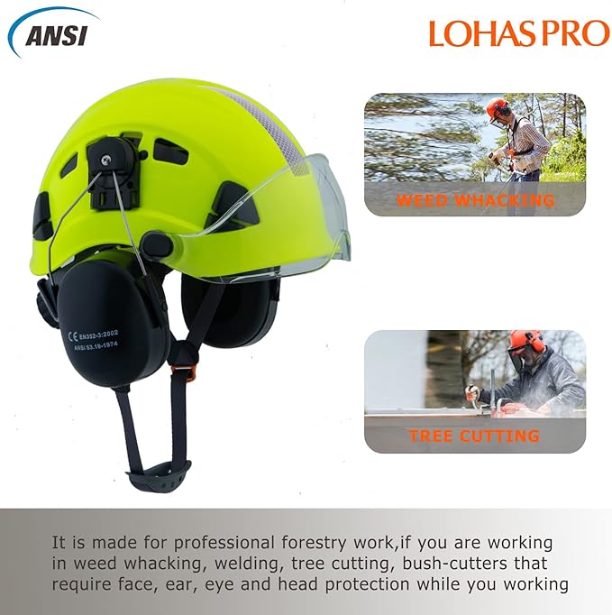 LOHASPRO Arborist Forestry Helmet Safety Hard Hat with Visor and Ear Muffs for Tree Service Logging Cutting Wood Chainsaw Helmet Garden Work Trimming Mowing(P91 Lime+Clear Visor+Earmuff)-StrideForce Fitness