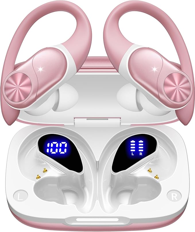 PocBuds Bluetooth Headphones Wireless Earbuds 80hrs Playtime Wireless Charging Case Digital Display Sport Ear Buds with Earhook Deep Bass IPX7 Waterproof Over-Ear Earphones for Phone Laptop Rose Gold-StrideForce Fitness