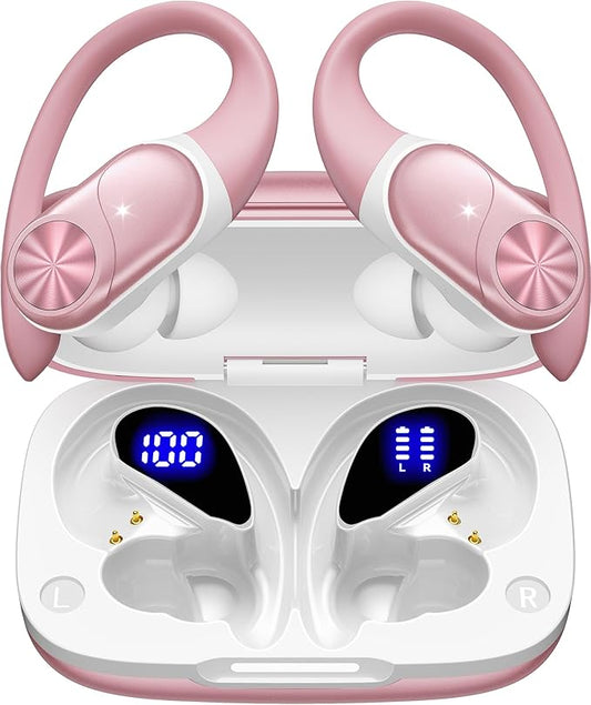 PocBuds Bluetooth Headphones Wireless Earbuds 80hrs Playtime Wireless Charging Case Digital Display Sport Ear Buds with Earhook Deep Bass IPX7 Waterproof Over-Ear Earphones for Phone Laptop Rose Gold-StrideForce Fitness
