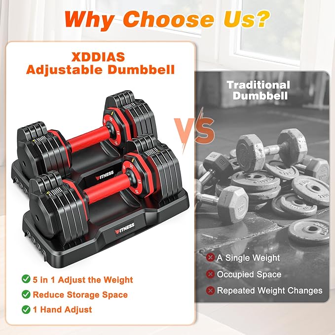 XDDIAS Adjustable Dumbbell Set of 2, 25/55/80LB Dumbbell Set-1Sec Adjustable Weights-5/10 in 1 Free Weights Dumbbells Set with Effortless Tray/No-Slip Handle-Compact Size for Women/Men at Home Gym-StrideForce Fitness