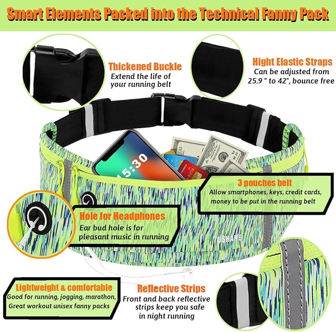 USHAKE Slim Running Belt, Workout Fanny Pack for Men Women,Exercise Waist Pack for Apple iPhone Holder, Runner Belt for Running Walking Cycling Camping Gym-StrideForce Fitness