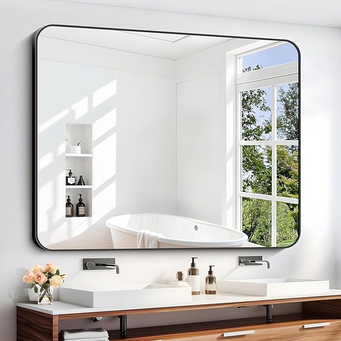 40" x 48"Bathroom Mirror, Matte Black Wall Mirror with Metal Frame, Decorative Rectangular Vanity Mirror for Bedroom Bathroom Living Room Entryway (Horizontal/Vertical)-StrideForce Fitness