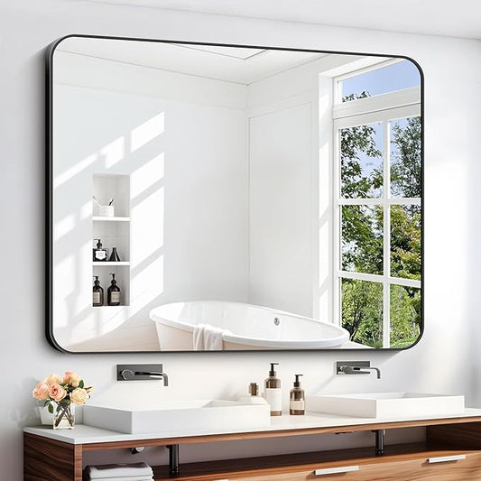 40" x 48"Bathroom Mirror, Matte Black Wall Mirror with Metal Frame, Decorative Rectangular Vanity Mirror for Bedroom Bathroom Living Room Entryway (Horizontal/Vertical)-StrideForce Fitness