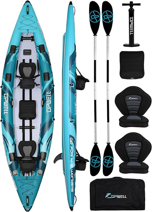 UPWELL 11'/14'6”Inflatable Kayak with Drop Stitch Floor and Accessories Including Kayak Seat with Thickened Cushion, Paddle, Fin, Repair Kits, Carry Bag and Hand Pump-StrideForce Fitness
