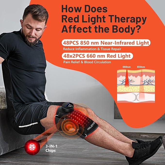 HALIDODO Red Light Therapy & Vibration Massage Knee Brace - Wireless Rechargeable Controller, 660nm&850nm Red Light Therapy Heated Device for Knee/Joint/Elbow/Shoulder Pain Relief, Black.-StrideForce Fitness