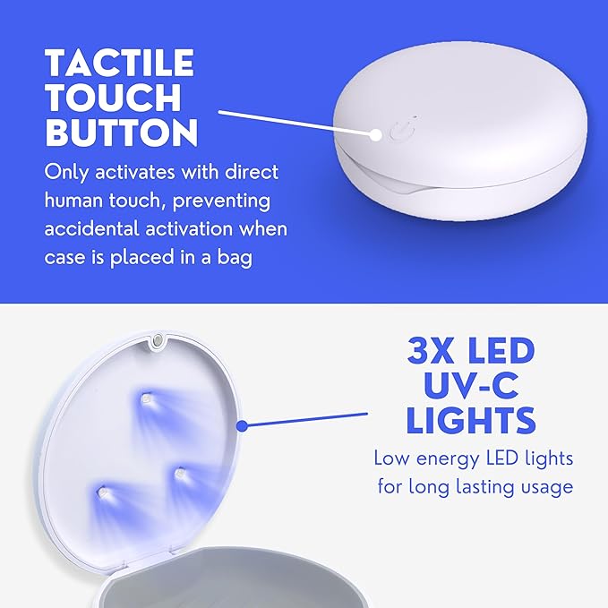 UV Retainer Case for Invisalign, Aligners, Dental Braces, Mouth Guard, Dentures and Night Guard - Small and Portable UV Retainer Cleaner Case with UVC Lights (Pink & White)