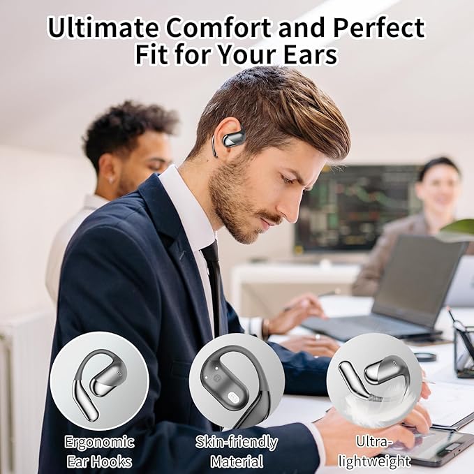 Open Ear Clip Wireless Earbuds Bone Conduction Headphones, Bluetooth 5.4, Open Ear Design for Running Fitness,office，Built-in Mic, IPX7 Waterproof, LED Display Charging Case,Ear Hooks Ear Buds-StrideForce Fitness