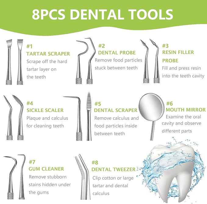 8 Pack Dental Tools PARYUNGR Teeth Cleaning Tool Kit, Stainless Steel Scraper Plaque Tartar Remover Tooth Cleaner Dental Floss Picks, Professional Oral Care Hygiene Set for Personal Pet Use with Case