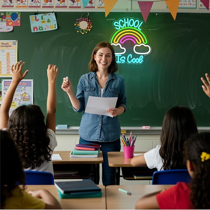 School is Cool Neon Sign,Classroom Neon Sign,Reading Rainbow Sign,USB Powered with Dimmable Switch,Neon Light Sign,Neon Signs for Wall Decor for Classroom,School Led Sign-StrideForce Fitness