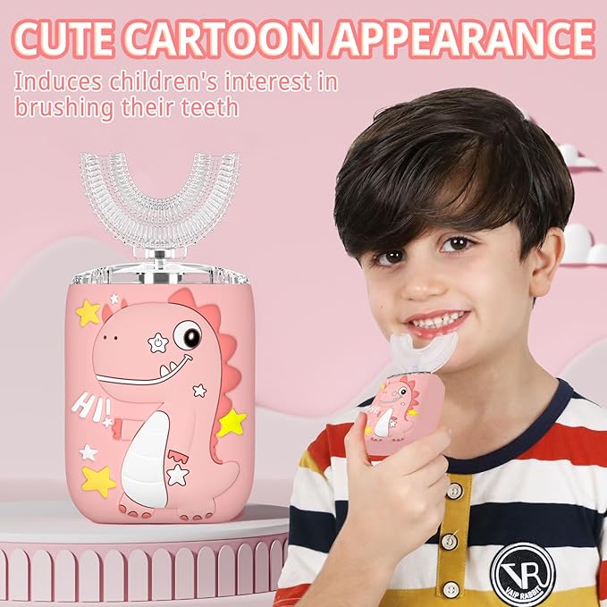 Kids Electric U Shaped Toothbrush,Kids Dinosaur Sonic Full Mouth Toothbrush with 4 Soft Brush Head Automatic 6 Cleaning Modes IPX7 Waterproof 360 Degree Cleaning - Age8-15 Pink