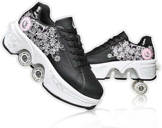 Roller Skate Shoes for Women Four Rounds Children's Roller Skates Shoes That Turn into Rollerskates Sneakers Outdoor Light Shoes with Wheels for Girls/Boys-StrideForce Fitness
