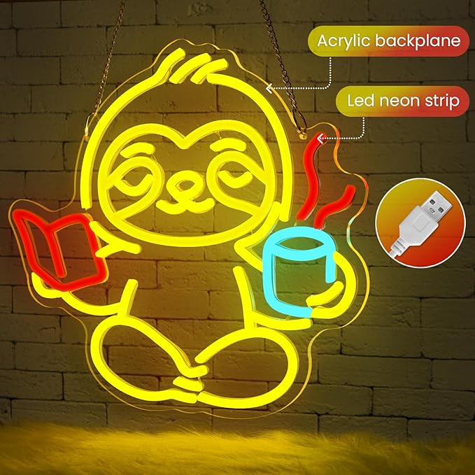 Sloth Neon Sign,Classroom Neon SIign,Neon Sign for Classroom,LED Light Up Reading Coffee Sign for Bedroom,Living Room,Home Office,Kids Room,Cute Animal Neon Wall Art for Book Lovers-StrideForce Fitness