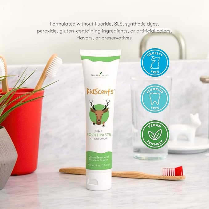 KidScents Slique Toothpaste by Young Living - 4 oz Tube - Gentle Dental Care for Kids - Premium Essential Oils - Citrus-Mint Flavor - Fights Plaque Removes Buildup and Stains - Fluoride and SLS Free