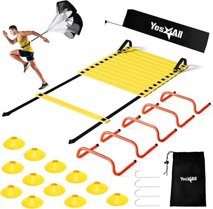 Yes4All Agility Ladder Speed Training Equipment Set - 1 Adjustable Agility Ladder, 12 Soccer Cones, 5 Hurdles, Jump Rope, Running Parachute - Speed & Agility Training Equipment for All Ages-StrideForce Fitness