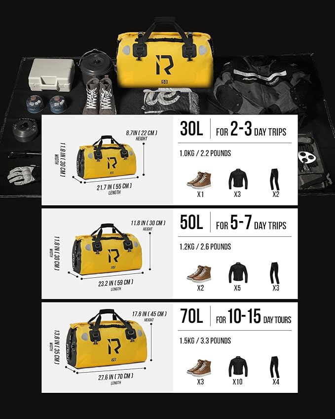 BORLENI Waterproof Motorcycle Dry Duffel Bag Luggage Tail Bag with Large Storage Space,Roll Top Closure, Shoulder Straps, Inner Pocket and Mesh Pocket for Motorcycling Travel Camping(Yellow,50L)-StrideForce Fitness