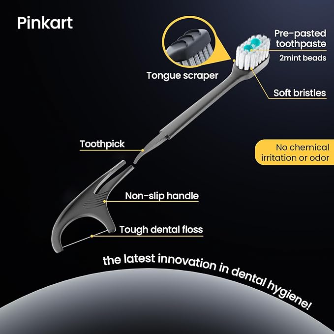 Pinkart 5 in 1 Disposable Toothbrushes with Toothpaste – Individually Wrapped Mini Travel Toothbrushes with Prepasted Toothpaste, Mouthwash Beads, Floss & Tongue Scraper | to-Go Oral Care (12 Count)